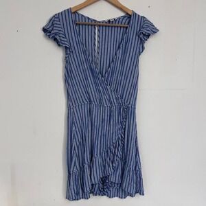 American Eagle Romper Womens Small Blue White‎ Striped Ruffle Wrap Front Viscose